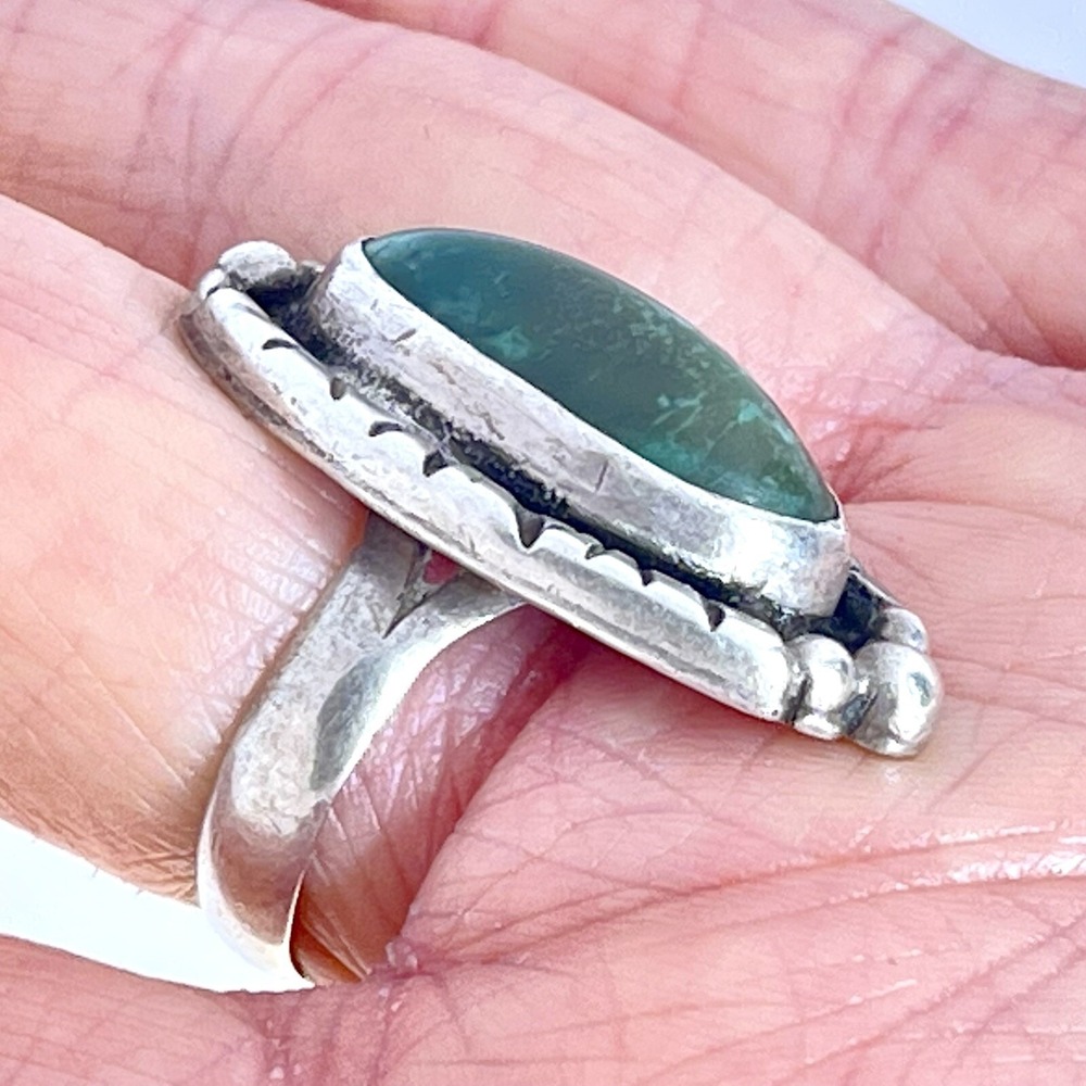 VTG Navajo Royston Turquoise Ring Sz 8 Long Stamped Sterling Silver 10g 1960 70s - Picture 4 of 5